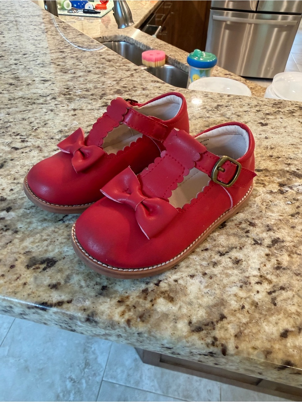 Kiderence Red Leather Bow Mary Jane Shoes Size 8